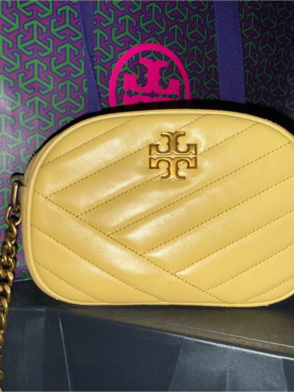 Tory Burch Mustard Quilted Leather Crossbody with Gold Logo